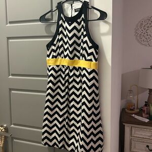 Chevron Patterned Black and White Dress with Yellow Accent